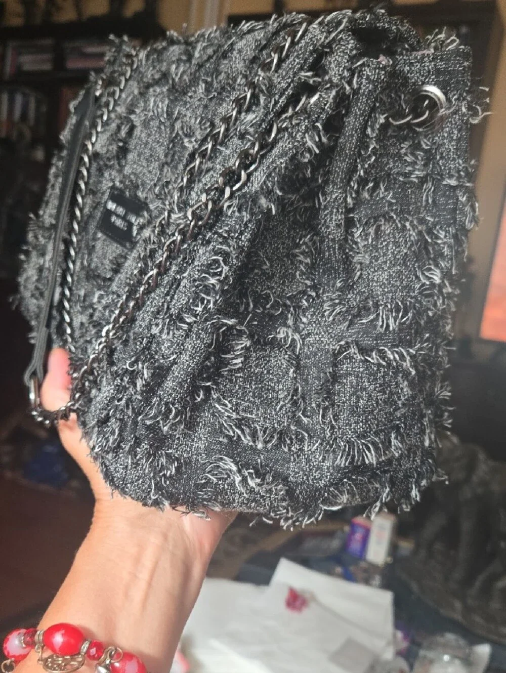 Statement Textured Denim Artistic Paris Mokani Elgant Bag wGun Metal Chain